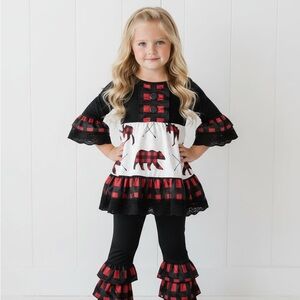 Buffalo Plaid Girl's Boutique Bear Ruffle Outfit